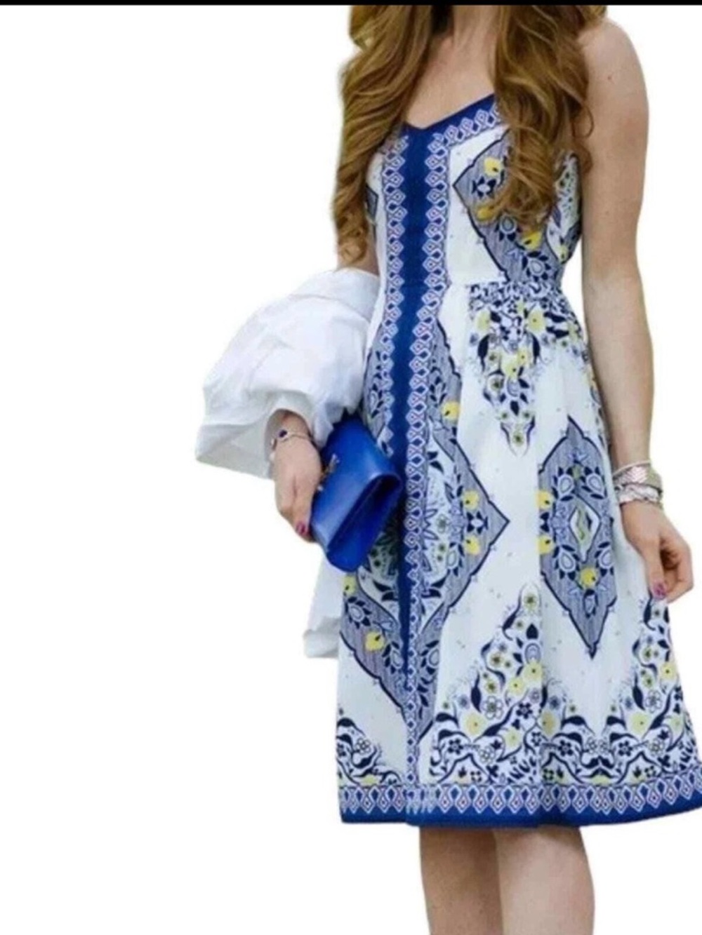 Banana Republic White, Blue & Yellow Printed Midi Dress - Picture 4 of 4